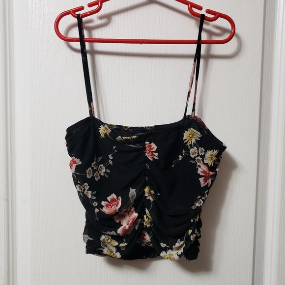 Floral Ruched Mesh Cropped Tank - Mind Code (Urban Planet) - Picture 2 of 3